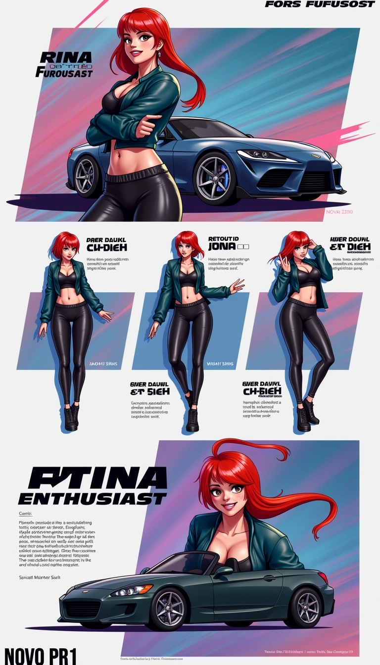 **Image Redesign Prompt:**
1. **Title & Name:** Replace "SUKI" with a different character name, e.g., "RINA."
2. **Visual Elements:**
- Change the background color to a gradient of blue and purple instead of pink.
- Replace the car with a sleek, futuristic vehicle silhouette in the background.
3. **Character Appearance:**
- Alter the outfit to a sporty, cropped jacket and matching pants in dark teal and metallic silver.
- Change the hair color to a vibrant red.
4. **Text:**
- Modify "FAST AND FURIOUS" to "SPEED ENTHUSIAST."
- Remove brand references and substitute with a fictional vehicle name, e.g., "NOVA ZR1" instead of "HONDA S2000."
5. **Layout Adjustments:**
- Rearrange the character images to show different action poses.
- Incorporate graphic elements like speed lines or abstract shapes to convey motion.
6. **Font Style:**
- Use a bold, modern font and adjust the size for emphasis on the character name and tagline.
7. **Graphic Effects:**
- Add a slight glow effect around the character and the vehicle to create a dynamic feel.
This redesign maintains the original's energy and essence while changing key features and removing brand identities.