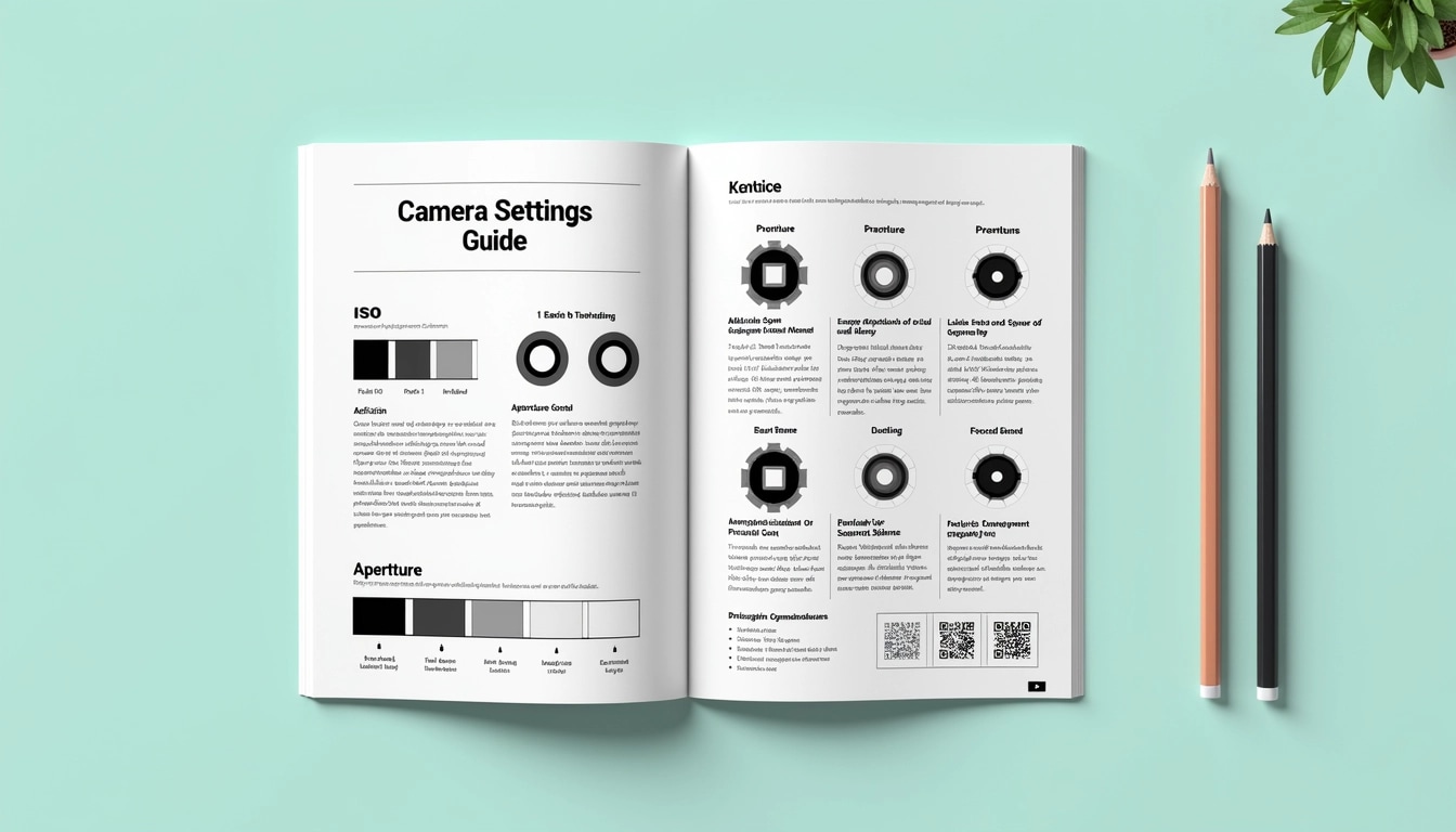 Create a user manual design focused on camera settings for photography. The manual should feature:
1. **Cover Page**: Bold title at the top, such as "Camera Settings Guide," with a simple graphic of a camera.
2. **Content Layout**:
- Use a two-column format for easy reading.
- Sections should include "ISO Settings" and "Aperture Control."
- Each section should have a brief explanation followed by a visual representation (e.g., graphs or diagrams) without brand references.
3. **Basic Visual Elements**:
- For ISO: Include a horizontal bar graph depicting noise levels at various ISO values.
- For Aperture: Use circular diagrams to illustrate different f-stop values.
4. **Color Scheme**: Opt for a black, white, and teal color palette for a modern look.
5. **Interactive Elements**: Suggest QR codes that link to video tutorials.
6. **Practical Tips**: Add a section at the end with photography tips related to settings discussed.
Overall, focus on a clean, educational aesthetic, ensuring each feature is clearly explained and visually engaging.