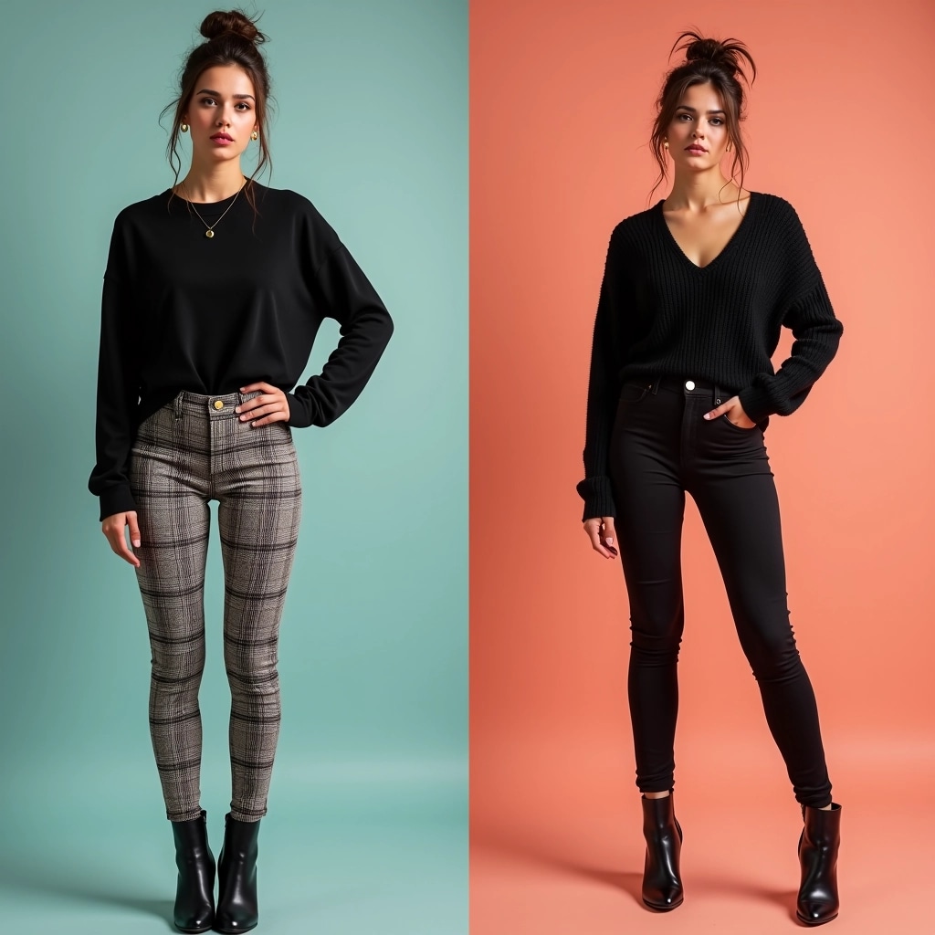 **Image Design Breakdown and Modification Prompt:**
1. **Pose and Angle:**
- Change the pose to a standing position with arms relaxed at the sides.
2. **Attire:**
- Replace the fitted black top with a loose, oversized sweater.
- Change the patterned leggings to solid-colored high-waisted pants.
3. **Footwear:**
- Swap the high heels for stylish ankle boots.
4. **Accessories:**
- Substitute large earrings with subtle stud earrings.
- Add a minimalist necklace.
5. **Hair:**
- Change the hairstyle to a messy bun or ponytail.
6. **Background:**
- Use a vibrant color backdrop (e.g., teal or coral) instead of a neutral gray.
7. **Lighting:**
- Introduce soft, diffused lighting to create a warm atmosphere.
8. **Facial Expression:**
- Alter the expression to be more relaxed and casual, perhaps with a slight smile.
These modifications retain the essence of a fashion-focused image while creating a new look.