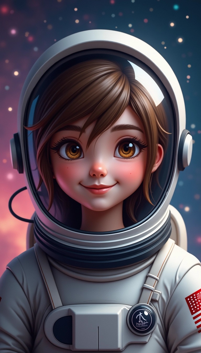 Create a digital portrait of a young astronaut with radiant hazel eyes and a subtle smile. Adjust the hairstyle to be slightly longer and tousled, giving a relaxed appearance. Change the background to a starry outer space scene, featuring vibrant nebula colors instead of metallic elements. Remove any brand logos or symbols, focusing purely on the astronaut's expression and the cosmic environment.