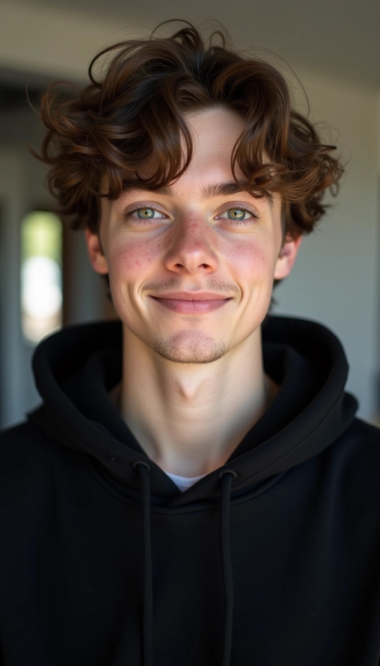 **Prompt:** Create a portrait of a young adult with tousled, medium-length hair in a natural light setting. Focus on expressive, almond-shaped green eyes with a hint of curiosity. The subject should have an inviting, soft smile, and a light stubble on the jawline. Dress them in a simple, loose-fitting black hoodie with no visible logos. The background should feature a blurred, modern interior suggesting a cozy atmosphere, without any brand references.