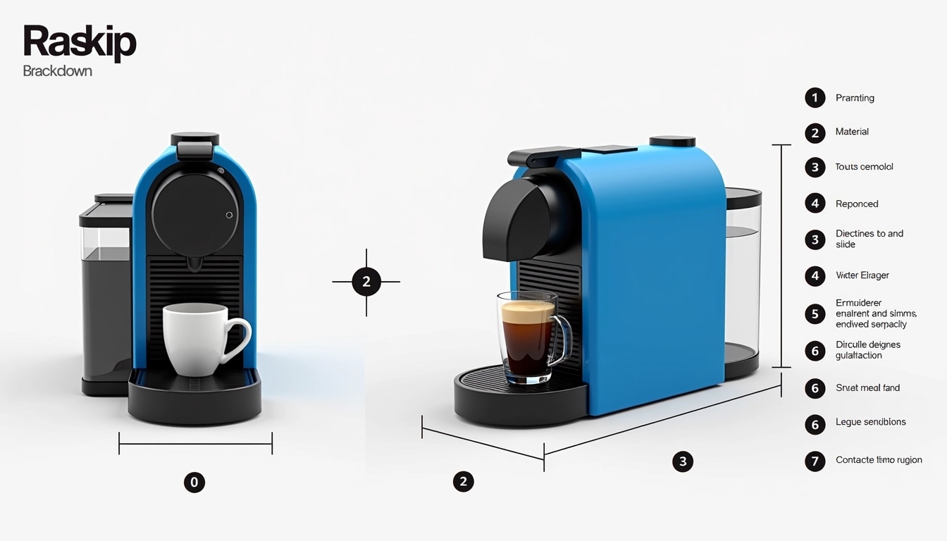 **Design Breakdown: Coffee Machine**
1. **Shape:** Maintain a sleek, rounded design but alter the angles to be slightly more angular for a modern look.
2. **Color:** Replace the dark gray texture with a matte cobalt blue finish for a fresh and vibrant appearance.
3. **Material:** Use a combination of brushed aluminum and smooth plastic, giving it a premium feel.
4. **Water Reservoir:** Change the cylindrical water container to a rectangular tank, enhancing space efficiency without compromising capacity.
5. **Cup Holder:** Reposition the cup holder to be adjustable, allowing it to accommodate different cup sizes safely.
6. **User Interface:** Simplify the buttons to a single, touch-sensitive panel with LED indicators instead of multiple physical buttons.
7. **Logo Removal:** Eliminate all brand markings for a neutral, unbranded aesthetic.
8. **Steam Wand:** Integrate a built-in steam nozzle on the side, allowing for milk frothing capabilities.
9. **Control Placement:** Move the control panel to the top for easy access.
This design provides a modern and functional coffee machine while enhancing user experience.