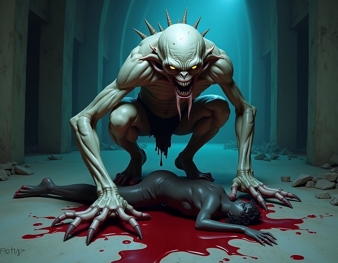 Create an illustration featuring a grotesque creature with elongated limbs and sharp, claw-like fingers. The creature has pale, rough skin, with prominent veins and an unsettling posture, crouched over a shadowy figure on the ground. Instead of blood, the ground is covered in a dark, viscous substance. The background is dimly lit, evoking a sense of dread, with hints of a decaying environment, like crumbling walls and scattered debris. Add eerie, bluish light illuminating the creature’s form to enhance the unsettling atmosphere.