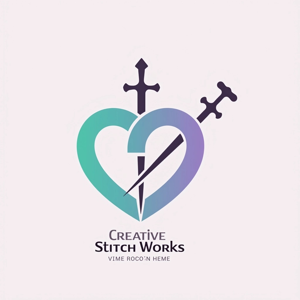 Design a logo featuring a stylized heart shape that incorporates a needle and thread in place of the sword. Use a gradient color scheme transitioning from teal to lavender. Replace the initials with a more abstract design element that suggests creativity. Below, use a modern sans-serif font for the company name, “Creative Stitch Works,” centered and in a darker shade. Keep the background a soft pastel color to enhance visibility and appeal.