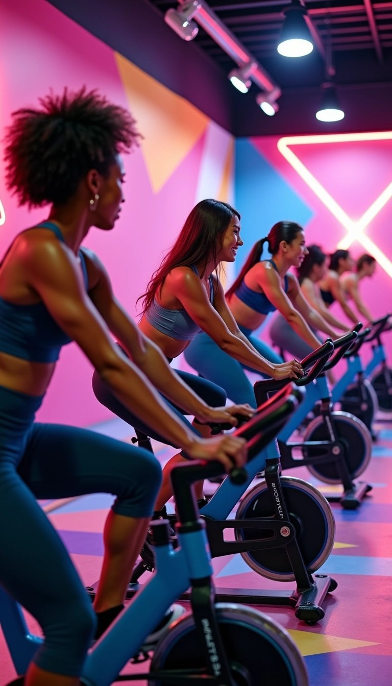 Create a dynamic fitness scene featuring a group of individuals participating in a high-energy cycling class. Change the setting to a vibrant urban gym with bright neon lights and abstract geometric patterns on the floor. Instead of branded outfits, have the participants wear a variety of colorful, non-branded athletic wear. Use diverse hairstyles and body types for inclusivity, and incorporate motivational elements like inspirational wall art in the background. The mood should be energetic and encouraging, focusing on community and fitness.