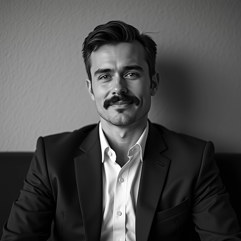 Create a black and white portrait image of a man with a mustache sitting casually. He should be wearing a formal suit but with a slightly more relaxed collar style, and the background should be a simple, textured wall. Adjust the lighting to create a softer, diffused effect on his face, giving a more approachable appearance.