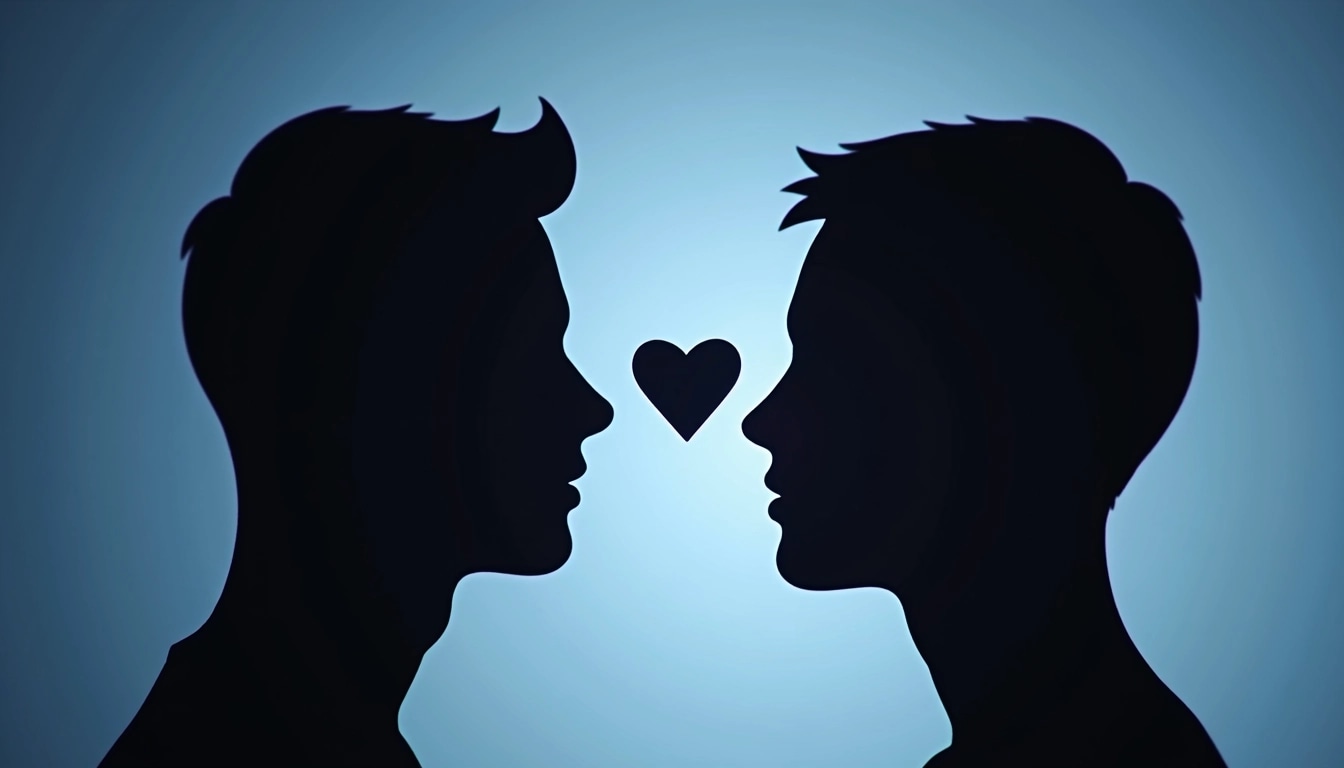 Create an image featuring two contrasting silhouettes of human heads facing each other, set against a gradient background that transitions from dark blue to light blue. In the negative space between the heads, include an abstract shape of a heart instead of the currently existing shape. Make the silhouettes slightly more abstract by adding angular features instead of smooth curves. Ensure there are no brand references or text elements present.