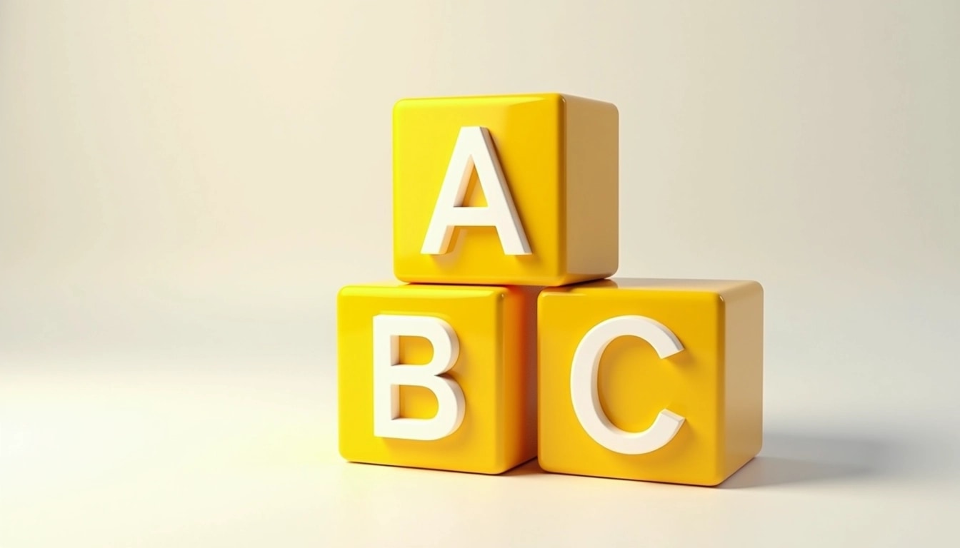 Create an image featuring three stacked yellow cubes. Each cube should display a large, bold letter: the top cube has "A," the middle cube has "B," and the bottom cube has "C." The background should be a soft white to emphasize the colors of the cubes. The cubes should have a glossy finish that reflects light subtly, adding depth to the design.