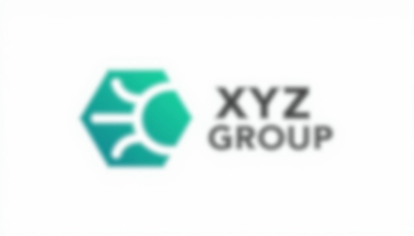 1. **Shape**: Replace the circular element with a hexagon, maintaining a sense of continuity with curved lines inside.
2. **Color**: Change the green color to a deep blue for the geometric shape, and use a lighter shade of blue for the inner lines.
3. **Font Style**: Use a bold sans-serif font instead of the current typeface, creating a more modern look.
4. **Text Arrangement**: Position the company name in a stacked layout with "XYZ" above and "GROUP" below, aligned to the right side of the hexagon.
5. **Opacity**: Apply a gradient to the blue shape, transitioning from dark at the top to light at the bottom.
6. **Additional Element**: Add a subtle shadow beneath the hexagon to give a 3D effect.