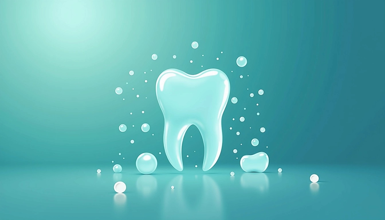 Create a graphic featuring a simplified geometric shape representing a tooth, using a gradient from teal to light blue as the background. Instead of the existing glowing orbs, include circular shapes of varying sizes in a soft white hue to add depth. Replace the crystalline style of the tooth with a smoother, minimalistic design, and add subtle white outlines to enhance visibility against the background. Ensure there are no brand references.