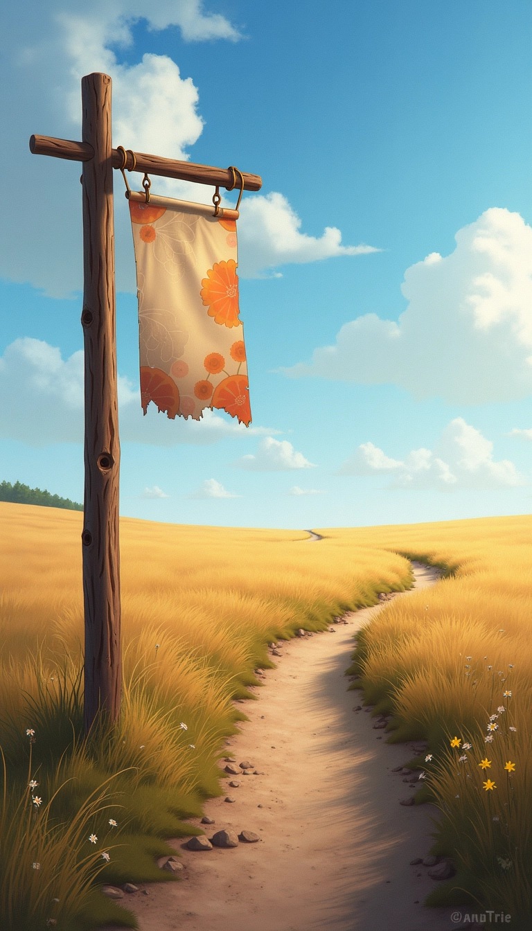 **Prompt:**
Create an image of a rustic wooden post with a small, tattered banner hanging from it. The background features a wide, open field under a bright blue sky with fluffy white clouds. A meandering dirt path leads through the field, flanked by tall grasses and wildflowers. Instead of a flag, the banner should have abstract designs in muted colors, suggesting a sense of tranquility and connection to nature. Adjust the lighting to reflect a soft, golden hour ambiance, enhancing the feeling of warmth and nostalgia.