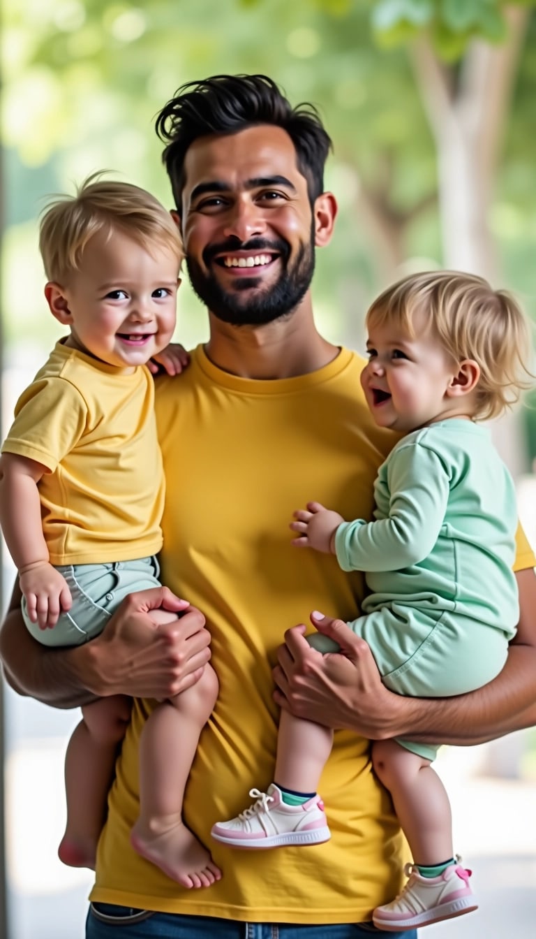 ### Image Design Breakdown with Changes
**Subject:**
- A joyful adult male figure holding two toddlers.
**New Features:**
- Change the adult's attire to a plain, bright-colored t-shirt.
- Change the toddlers' clothing to different pastel-colored outfits (e.g., yellow and mint green).
- Alter the background to a soft, blurred park scene instead of an indoor space.
**Overall Mood:**
- Retain a cheerful and warm atmosphere, emphasizing familial affection.
**Text Overlay:**
- Change the text to reflect a general message of joy, like "Cherishing these moments with my little ones!"
**Color Palette:**
- Use a mix of pastel shades for clothing and create softer, natural hues for the background.
### Summary:
The revised image should maintain the original warmth but introduce fresh elements in color, clothing style, and setting, while removing any brand references.