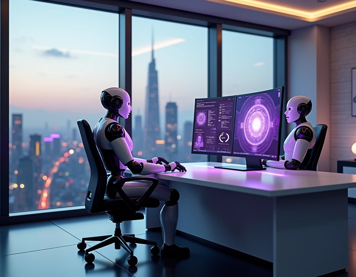 **Prompt:**
Create a futuristic office scene featuring two humanoid robots seated at a modern, minimalist desk. Change the setting to a high-tech environment with large windows showing a bustling futuristic cityscape at dusk. Instead of multiple monitors, have a single large, curved display showcasing a holographic interface. Modify the robots’ designs to be sleeker with smooth surfaces and a different color scheme, such as matte silver with glowing purple accents. The office should have ambient lighting that softly illuminates the space, enhancing the sophisticated atmosphere.