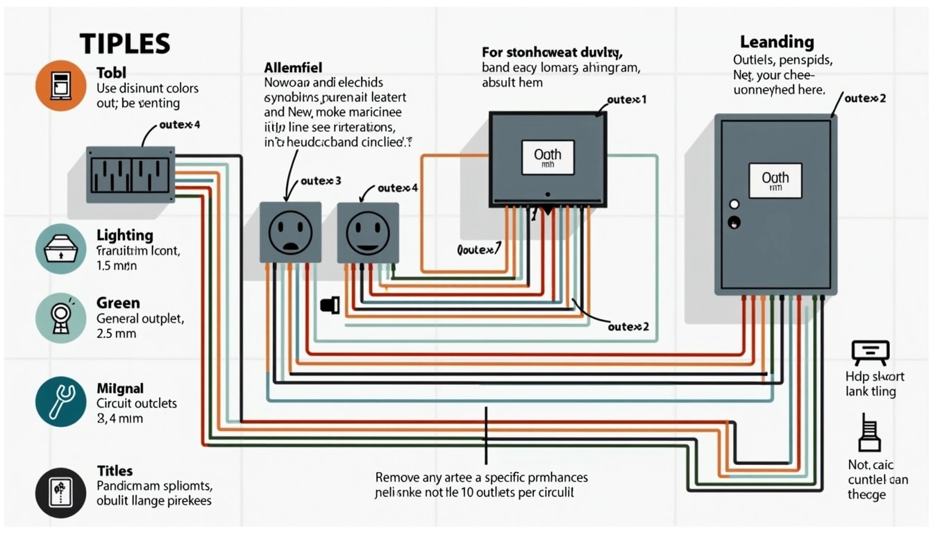Design a simplified electrical wiring diagram for a residential setting, ensuring to:
1. Use distinct colors for different wire types, such as red, green, and blue.
2. Label circuits for lighting, outlets, and larger appliances without brand references.
3. Specify minimum wire sizes for each circuit type:
- Lighting circuit: 1.5 mm²
- General outlets: 2.5 mm²
- High-power appliances: 4 mm²
4. Include symbols for switches, outlets, and a circuit breaker panel, but alter their shapes for originality.
5. Ensure the layout maintains a clear flow of connections with no more than 10 outlets per circuit.
6. Remove any specific appliance images and replace them with generic symbols (like a water heater icon or air conditioner icon).
Create a visually appealing and easy-to-understand layout with clear annotations.