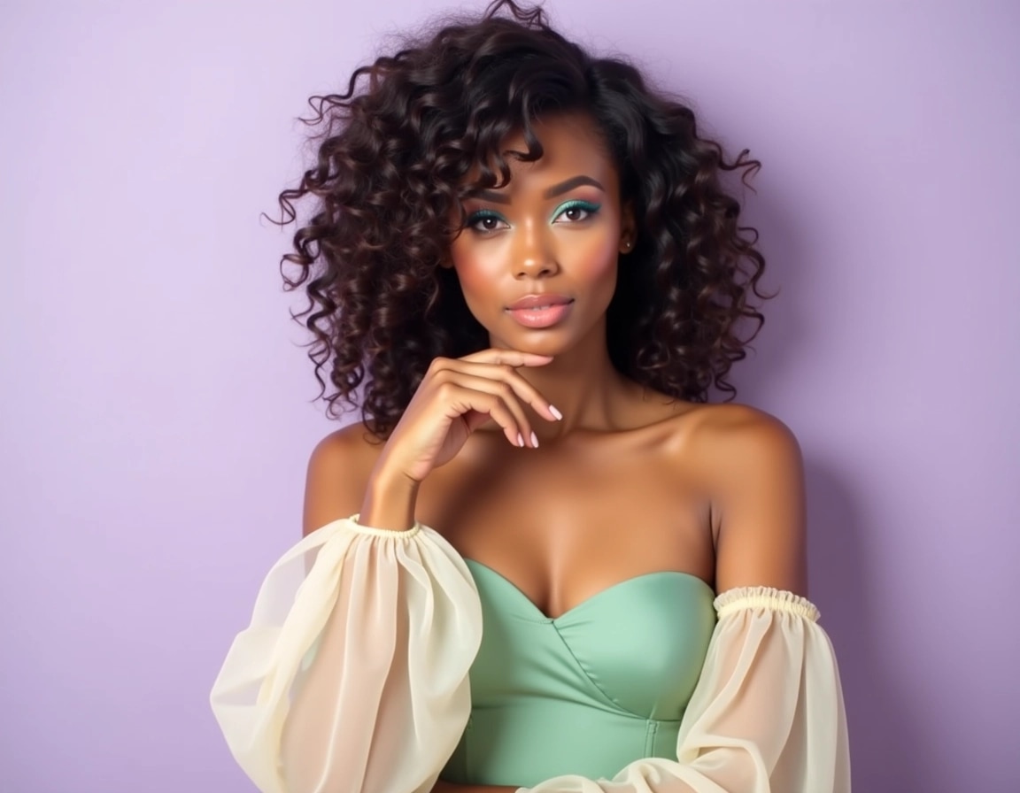 Create an image of a model with curly hair styled in voluminous waves, set against a soft lavender background. She is wearing a strapless top in a light green hue, featuring long flowing sleeves made of sheer fabric in a contrasting cream color. The model's makeup includes bold turquoise eyeliner and a subtle peach lip, with her pose exuding elegance as she gently rests her hand on her chin, showcasing a relaxed yet confident demeanor.