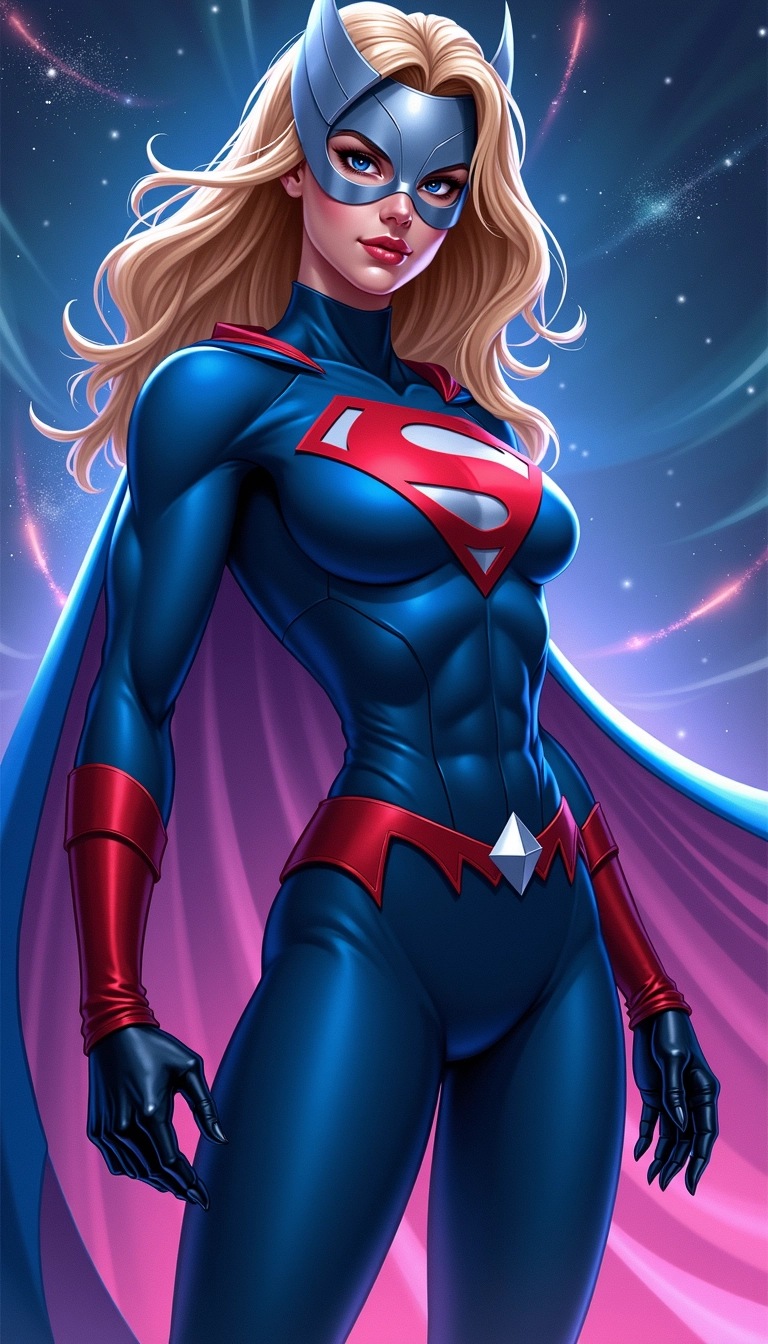 Create an illustration of a female superhero with the following features:
1. **Costume Color**: Replace the red costume with a deep blue costume.
2. **Headpiece**: Change the headpiece to a sleek silver helmet design.
3. **Pose**: Show her in an action pose with one arm raised as if to cast a spell.
4. **Gloves**: Use black gloves instead of red ones.
5. **Cape**: Design the cape to be more flowing and transparent, with a gradient transitioning from blue to purple.
6. **Background**: Set against a cosmic background featuring swirling galaxies, stars, and nebulae, with no brand references.
7. **Expression**: Give her a determined expression, embodying strength and courage.
Focus on maintaining a dynamic composition while emphasizing her heroic stance.
