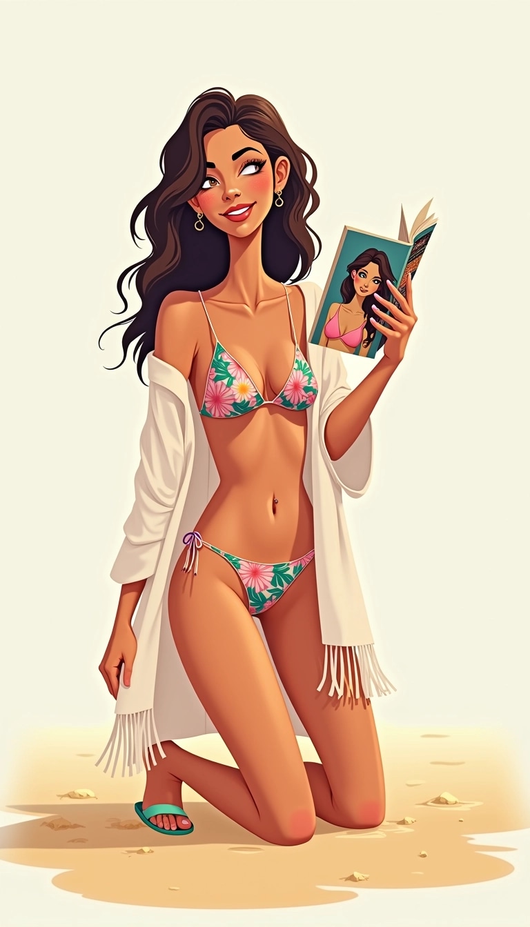 Create an illustration of a woman at the beach, kneeling on a sandy surface. She should wear a colorful bikini top and a light beach cover-up with fringes. Her hair is styled in loose waves, with a playful expression on her face. In one hand, she holds an open magazine featuring tropical fashion ideas, while the other hand adjusts her cover-up. Replace the original footwear with stylish flat sandals that have a mix of pastel colors. The background should be a soft gradient, evoking a sunny beach atmosphere.