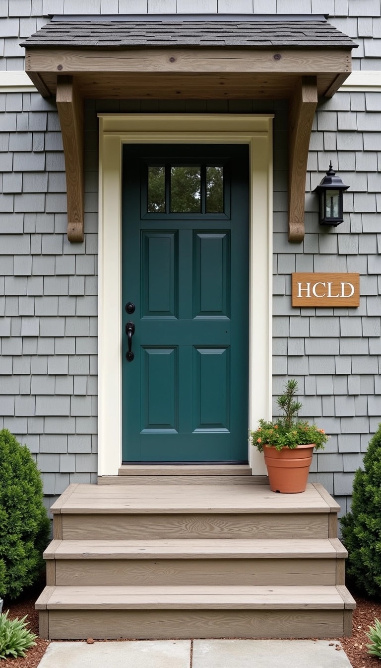 Design a rustic wooden entrance with a weathered look. The door should be painted in a deep teal color, contrasting with a soft cream trim around the frame. Remove any brand identifiers and opt for a simplistic, unmarked wooden sign beside the door instead. Enhance the staircase with wider, more sturdy steps leading up to the entrance, and include a small potted plant on one side for added charm. The wall should maintain its shingle design but use a light gray tone for a more contemporary feel.