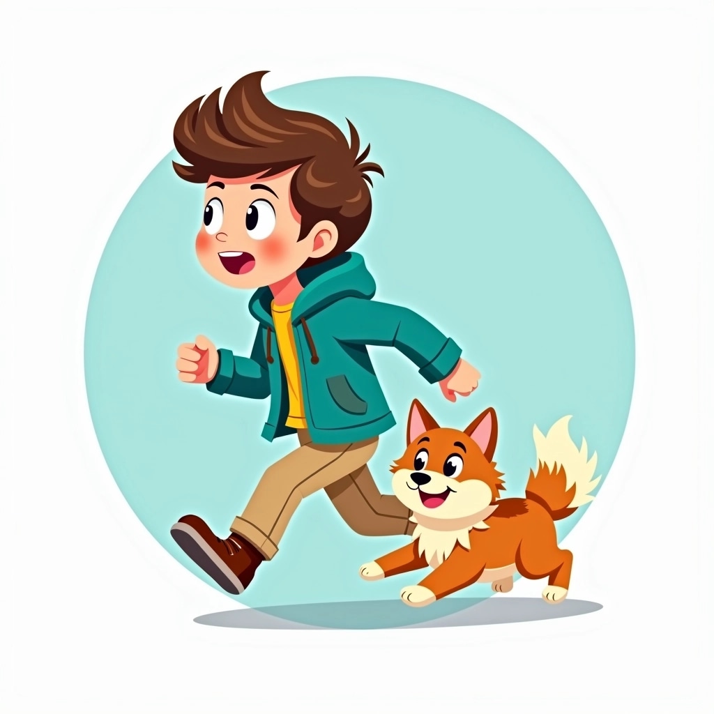 Create an illustration featuring a young, adventurous character with tousled hair, wearing a bright teal jacket and beige trousers. The character should be mid-run, looking back with an expression of surprise. Accompanying the character is a playful, fluffy dog with a wagging tail. The background should be a light pastel blue circle, giving a vibrant yet simple feel.