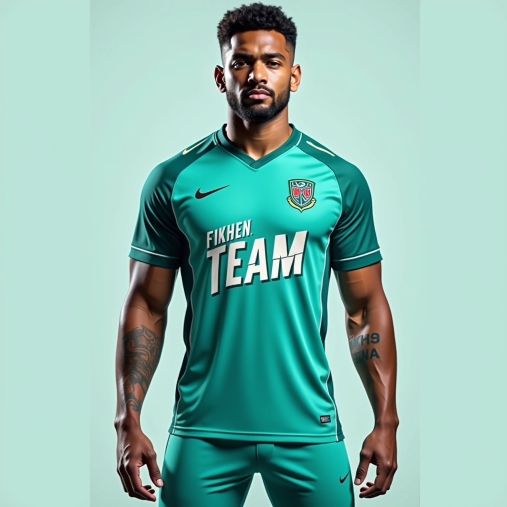 Design a sports uniform featuring a vibrant teal color for the jersey, with a slightly darker teal gradient along the sleeves. Replace the central logo with a stylized emblem representing a fictional team. Use bold, white lettering for the team name across the chest, adding a dynamic, angular font. The pants should match the jersey's color without logos, and add subtle patterns along the sides for texture. Remove any visible brand references. The athlete should display a confident pose with a neutral background.