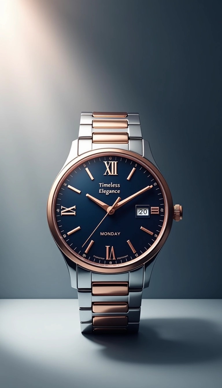 ### Prompt for Redesigning the Watch Image
1. **Watch Design**: Change the watch to a silver color instead of rose gold, with a minimalist, sleek design. Swap the traditional Roman numerals for modern, clean markers.
2. **Dial Color**: Use a deep blue for the watch face instead of black, creating a striking contrast with the silver casing.
3. **Day Display**: Replace "MONDAY" with a generic day display without a specific day, making it more versatile.
4. **Background**: Use a soft gradient from light gray to dark blue, providing a more serene and modern backdrop.
5. **Text Overlay**: Change the text to "Timeless Elegance" with a subtitle that reads "Explore our latest designs" instead of the original brand references.
6. **Positioning**: Adjust the watch to be slightly tilted for a more dynamic perspective, enhancing the 3D effect.
7. **Lighting**: Add a subtle lens flare effect to the top left corner for a touch of sophistication.
This will create a fresh and appealing design that retains the essence of luxury while being distinct from the original.