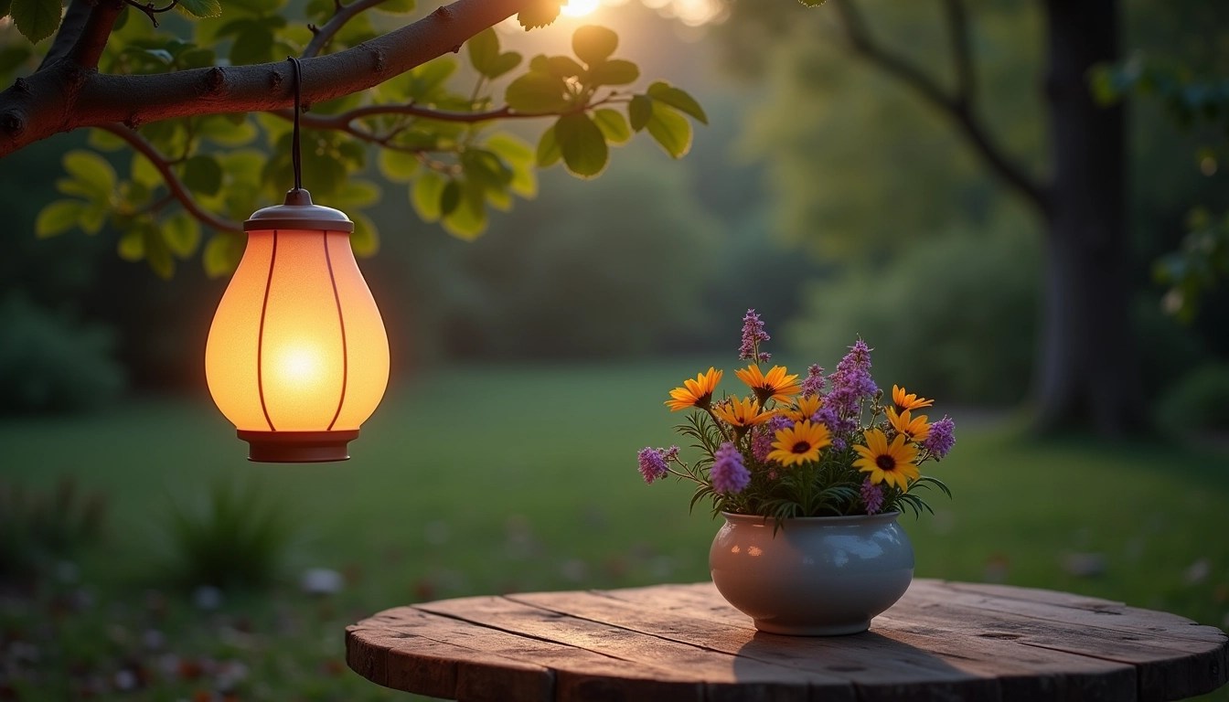 Create a tranquil outdoor scene featuring a softly glowing sky lantern hanging from a branch, with a warm ambient glow illuminating a rustic wooden table. On the table, place a simple, round ceramic pot with a small arrangement of vibrant wildflowers. In the background, include gently blurred outlines of trees and soft, diffused lights from hidden sources, creating an inviting and serene atmosphere.
