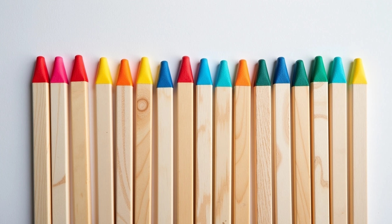 Create an image featuring a row of wooden sticks with brightly colored tips, aligned neatly. In the center, replace one stick with a longer, uniquely colored stick that contrasts sharply with the others. The background should be a simple, light texture, emphasizing the sticks without any brand references.