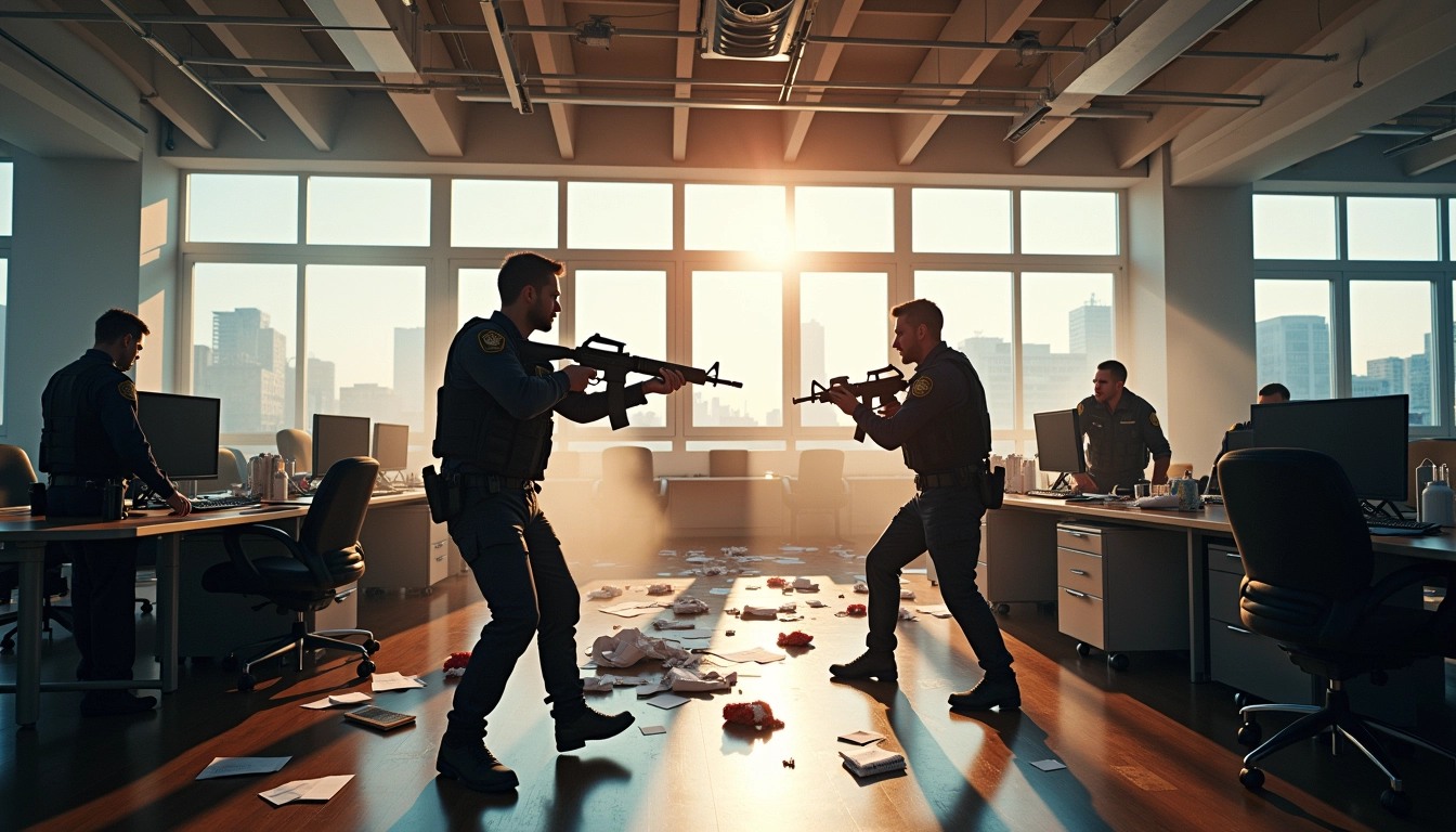 **Prompt:**
Create an image of a chaotic scene inside an office space. The setting is a modern, open-plan office with exposed beams and large windows letting in sunlight. Instead of soldiers, depict several security personnel in tactical gear, engaged in a dynamic confrontation. Replace the scattered papers and overturned chairs with office equipment and personal items strewn around. Instead of gunfire, introduce dramatic lighting effects and expressions of urgency on the personnel’s faces. Remove any identifiable branding or logos from the desks and equipment. Focus on conveying a tense atmosphere without specific brand references.