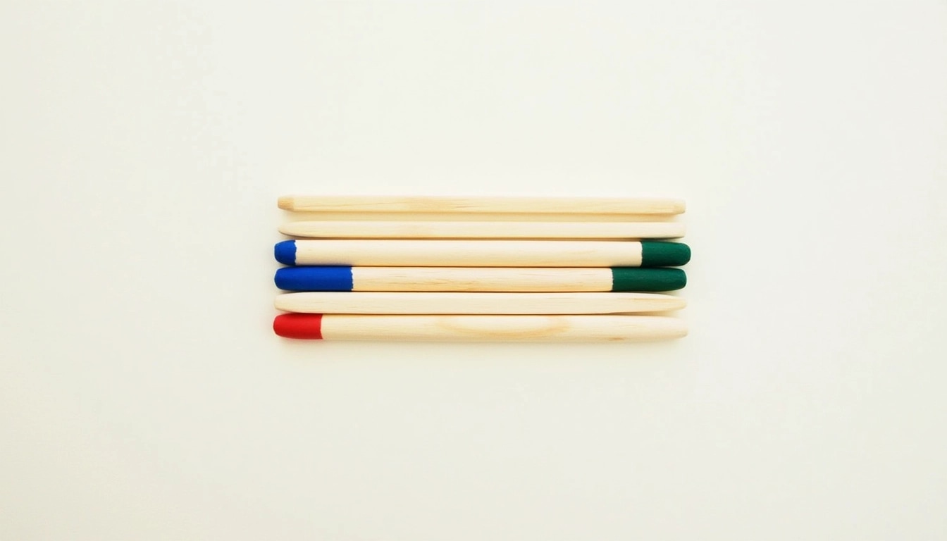 **Design Breakdown Prompt:**
Create an image featuring a series of ten uniform wooden sticks laid out horizontally. Change the color of the tips of the sticks to blue instead of red. Introduce one distinct stick that is painted a deep green and has a slightly longer length. The background should remain a clean, light-colored surface to provide contrast without any visible brand references.