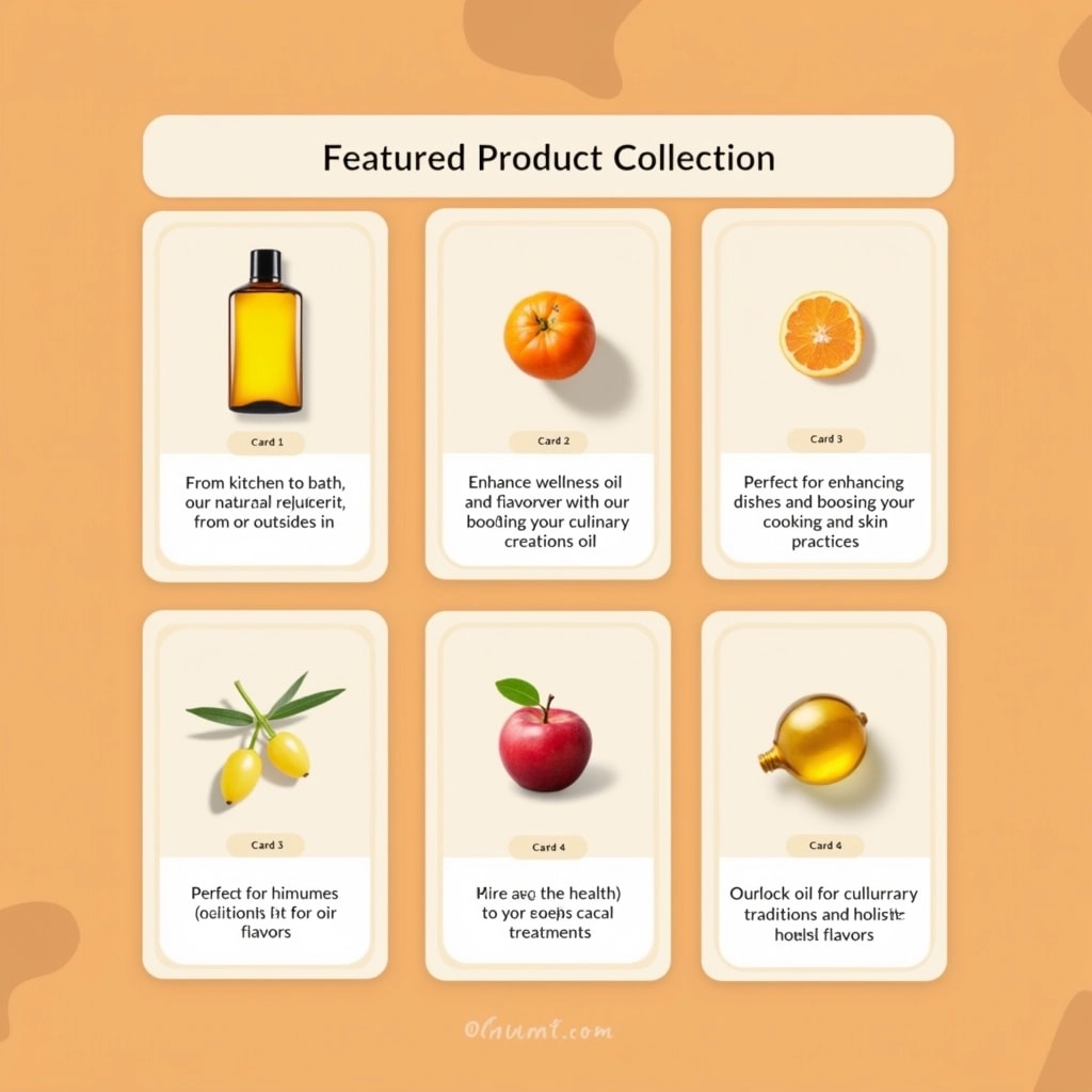 ### Product Card Gallery Design Concept
#### Layout:
- A grid of six product cards with a clean, modern aesthetic.
- Each card is framed with a white border, set against a solid, warm-toned background.
#### Features:
1. **Top Title:**
- Title: "Featured Product Collection" in a bold, sans-serif font at the top center.
2. **Product Cards:**
- Each card includes a prominent image of the product (replace with generic oil bottles, for example).
- Background of each card: a subtle beige or warm shade.
- Each product card includes:
- A stylized image (like a single fruit or natural ingredient relevant to the product).
- Eyecatching text that describes the product’s benefits.
- Font: Modern, sans-serif, centered text.
3. **Text Examples:**
- Card 1: "From kitchen to bath, our natural oil rejuvenates from the outside in."
- Card 2: "Enhance wellness and flavor with our heart-healthy oil."
- Card 3: "Perfect for enhancing dishes and boosting your culinary creations."
- Card 4: "Rich in nutrients and flavors, ideal for cooking and skin treatments."
- Card 5: "A versatile oil for culinary traditions and holistic practices."
- Card 6: "Unlock the secret to radiant skin and vibrant flavors."
#### Color Palette:
- Warm earth tones (soft oranges, browns, and cream tones) to create a natural and inviting feel.
#### Additional Elements:
- Use simple, organic shapes (like circles or leaves) as decorative accents around the product images.
- Consider adding small icons or illustrations that represent the product benefits (e.g., heart for health, leaf for natural).
This approach maintains a cohesive and appealing design while removing brand references and genericizing the concepts.