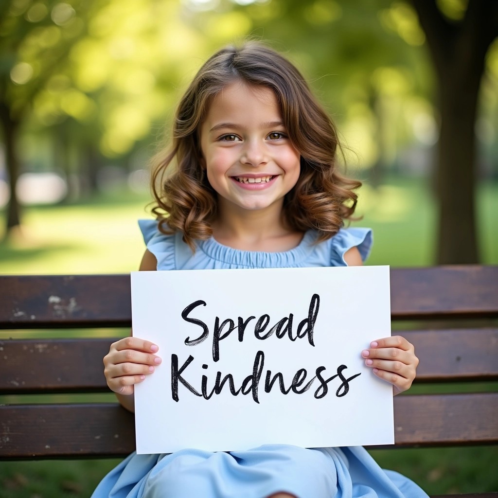 Create an image of a young girl sitting on a park bench, holding a blank piece of paper. The girl has shoulder-length brown hair with loose curls and is wearing a light blue dress. Instead of a serious expression, she is smiling warmly at the camera. The background features green trees and sunlight filtering through the leaves. The text on the paper should be handwritten in a playful font, reading "Spread Kindness."