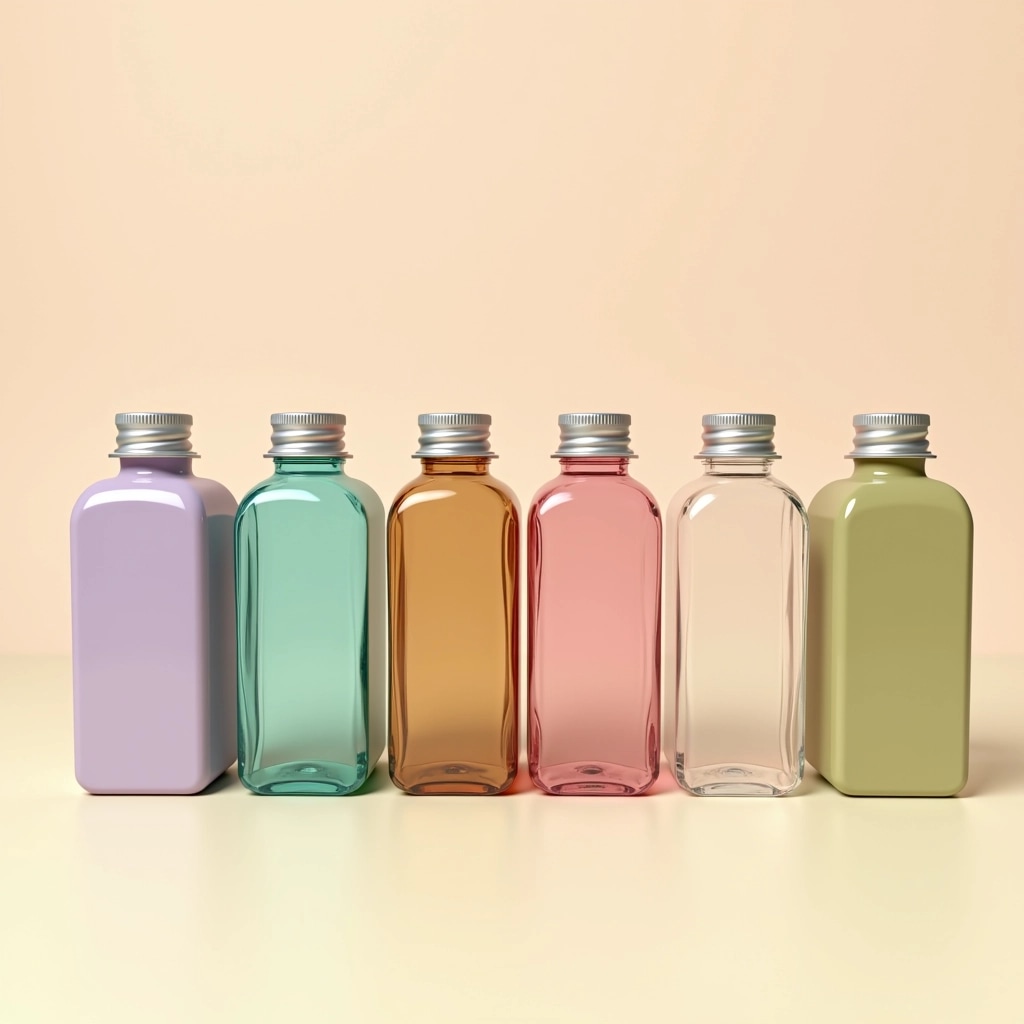 Create a design featuring six square-shaped glass bottles lined up on a soft pastel background. Change the bottle colors to lavender, teal, amber, fuchsia, olive green, and clear. Each bottle should have a minimalistic aluminum cap and a slight curve at the corners. The labels should be simple, with geometric shapes in muted colors to represent each liquid inside. The background can transition from light peach to pale yellow, adding a subtle gradient effect. Ensure there are no brand references or logos visible.