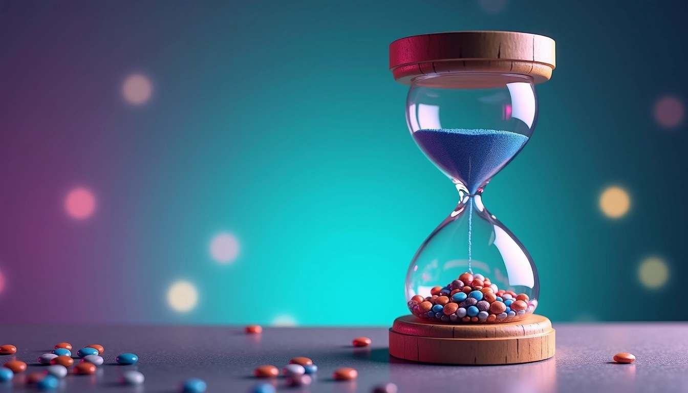 **Prompt:**
Create an image featuring a large hourglass with blue sand flowing through it. Replace the coins inside the hourglass with colorful marbles. Use a vibrant, gradient background transitioning from dark purple to bright teal, with soft, glowing light orbs scattered throughout the background. Ensure the hourglass has a unique design, such as a wooden base instead of a metallic one. Remove any brand-specific elements or logos.