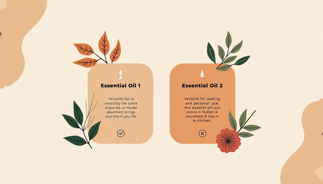 **Design Breakdown:**
1. **Color Palette:**
- Use warm beige and earthy tones, replacing deep brown with a lighter peach hue.
2. **Layout:**
- Two rectangular blocks with rounded corners, stacked vertically.
- Maintain a similar layout but adjust the dimensions for a more dynamic, asymmetrical arrangement.
3. **Header:**
- Change the oil names to "Essential Oil 1" and "Essential Oil 2."
- Use a bold, modern font for the names, ensuring they stand out.
4. **Subheading:**
- Replace the taglines with "Versatile for Everyday Use" and "Enhances Health & Flavor" in a sleek sans-serif font.
5. **Body Text:**
- Revise text to "Ideal for cooking and personal care, this essential oil brings nourishment to your life." for the first block.
- Change the second block text to "A staple for flavor and health benefits in your kitchen."
6. **Images:**
- Substitute the images with abstract illustrations of plants or ingredients that represent the oils without specific references.
- Use a minimalist style for the illustrations to keep the focus on the text.
7. **Iconography:**
- Include simple line icons representing cooking and skincare, positioned subtly at the corners of each block.
8. **Background:**
- Integrate a soft gradient background, shifting from peach to cream, to create visual interest without overwhelming the content.
By implementing these changes, you create a fresh and engaging design that maintains functionality while removing brand references.