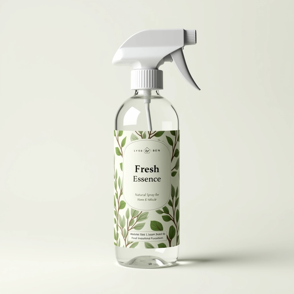 Create a design for a clear spray bottle that has a white trigger nozzle. The label should feature a simple, elegant pattern, using earthy tones like soft greens and browns. Instead of branding, include a generic product name like "Fresh Essence" in a modern, sans-serif font.
The label should also have an illustrative graphic of a botanical element, such as eucalyptus leaves, along with a short description: "Natural Spray for Home & Vehicle." The background should remain minimalistic and light to emphasize the product.