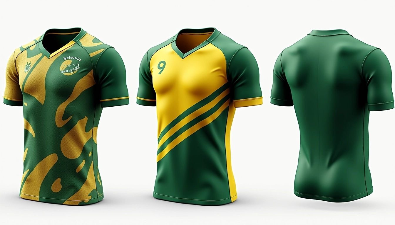 1. **Color Palette**: Change the colors to shades of green and yellow, creating a fresh look.
2. **Pattern Design**: Alter the patterns:
- For the left jersey, replace the intricate design with large geometric shapes.
- In the center jersey, swap the wavy lines for diagonal stripes.
- For the right jersey, implement a gradient from dark green to light green, avoiding pixelation.
3. **Collar Style**: Modify the collar from a standard round neck to a V-neck style for a different aesthetic.
4. **Number Font**: Change the font of the number "9" to a more modern sans-serif typeface, enhancing readability.
5. **Logo**: Remove any brand reference and replace it with a simple circular emblem.
6. **Sleeve Design**: Make the sleeves a solid color that contrasts with the body of the jersey, adding visual interest.