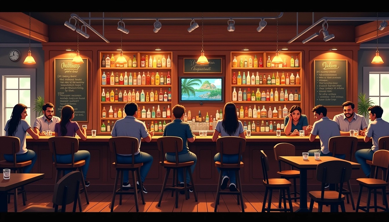 Create a cozy pub interior scene featuring a wooden bar with a variety of colorful drinks displayed on shelves in a softly lit environment. Change the barstools to high-back chairs and introduce a few small tables with patrons gathered around. Replace any electronic signage with chalkboards listing drinks and specials. Make the patrons diverse in clothing styles and ensure there’s a warm, inviting atmosphere enhanced by low-hanging pendant lights.