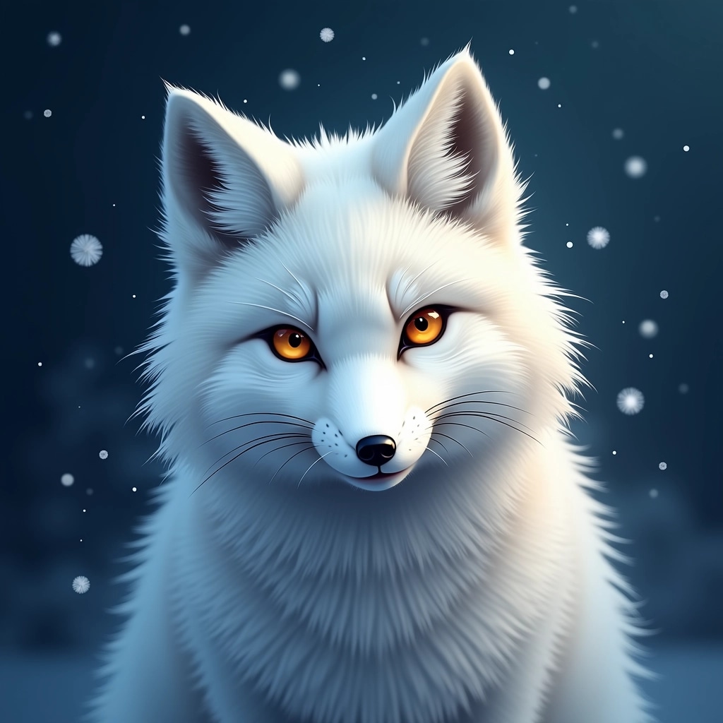 Create an image featuring a majestic arctic fox with a soft, fluffy coat and striking amber eyes, set against a deep blue background for contrast. The fox should be gazing directly at the viewer with a curious expression, and a few snowflakes should be gently falling around it to enhance the wintry atmosphere.
