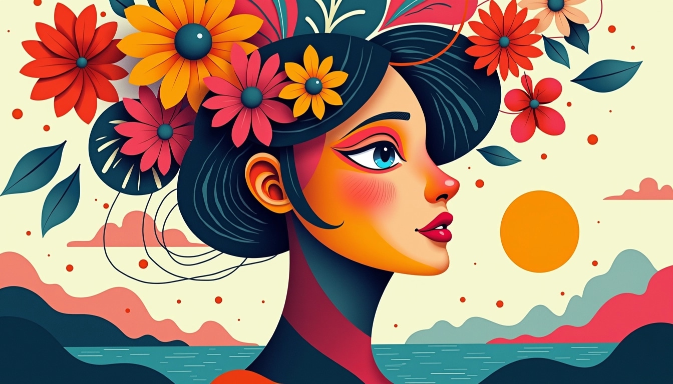 Create an abstract image featuring a fragmented face constructed from geometric shapes and vibrant colors. Incorporate elements like swirling lines representing emotion and distorted features to create depth. Replace any recognizable objects with whimsical designs, such as colorful flowers or surreal landscapes. Use a palette of warm and cool colors to create contrast, and include a bright sun in the background along with stylized clouds. Remove any text or brand references from the design for a completely original piece.