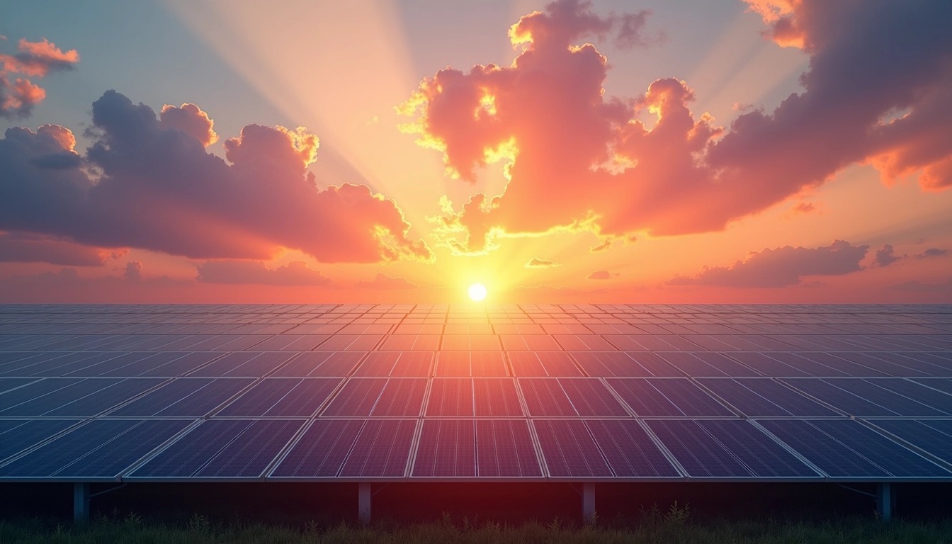 Create an image of a solar panel array at sunset, with large solar panels arranged in rows. The sky should be filled with vibrant colors such as orange, pink, and purple, and fluffy clouds scattered throughout. The sun should be depicted just above the horizon, radiating beams of light. Focus on a serene atmosphere, removing any specific brand logos or references, and emphasize the natural beauty of renewable energy in a tranquil setting.