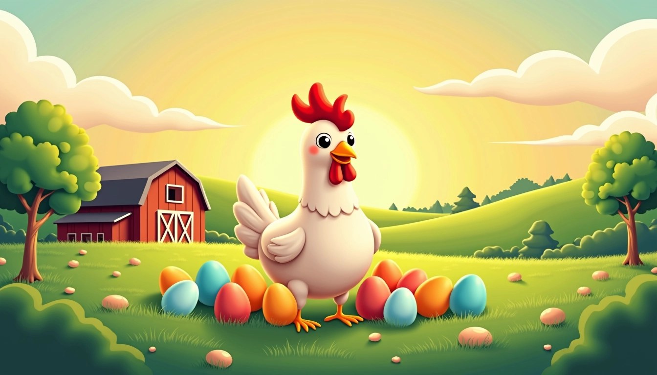 Create an illustration featuring a large hen in a lush green farm setting, surrounded by various sizes of colorful eggs. Replace the barn with a modern, eco-friendly chicken coop. Change the backdrop to a bright sunrise over gentle hills, with a few trees in the foreground. Use playful, bold text for the product name, ensuring it is inviting and cheerful, without any brand references.