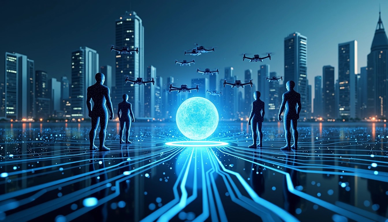 Create a digital representation of a futuristic cityscape built on a circuit board, featuring a glowing orb at the center, symbolizing advanced technology. Replace the tall buildings with structures resembling data servers and communication towers. Instead of trucks, include sleek drones transporting data or resources across the landscape. Remove any brand logos and replace human figures with stylized robotic silhouettes, interacting with holographic interfaces. Use a color palette of deep blues and silvers for a high-tech ambiance.