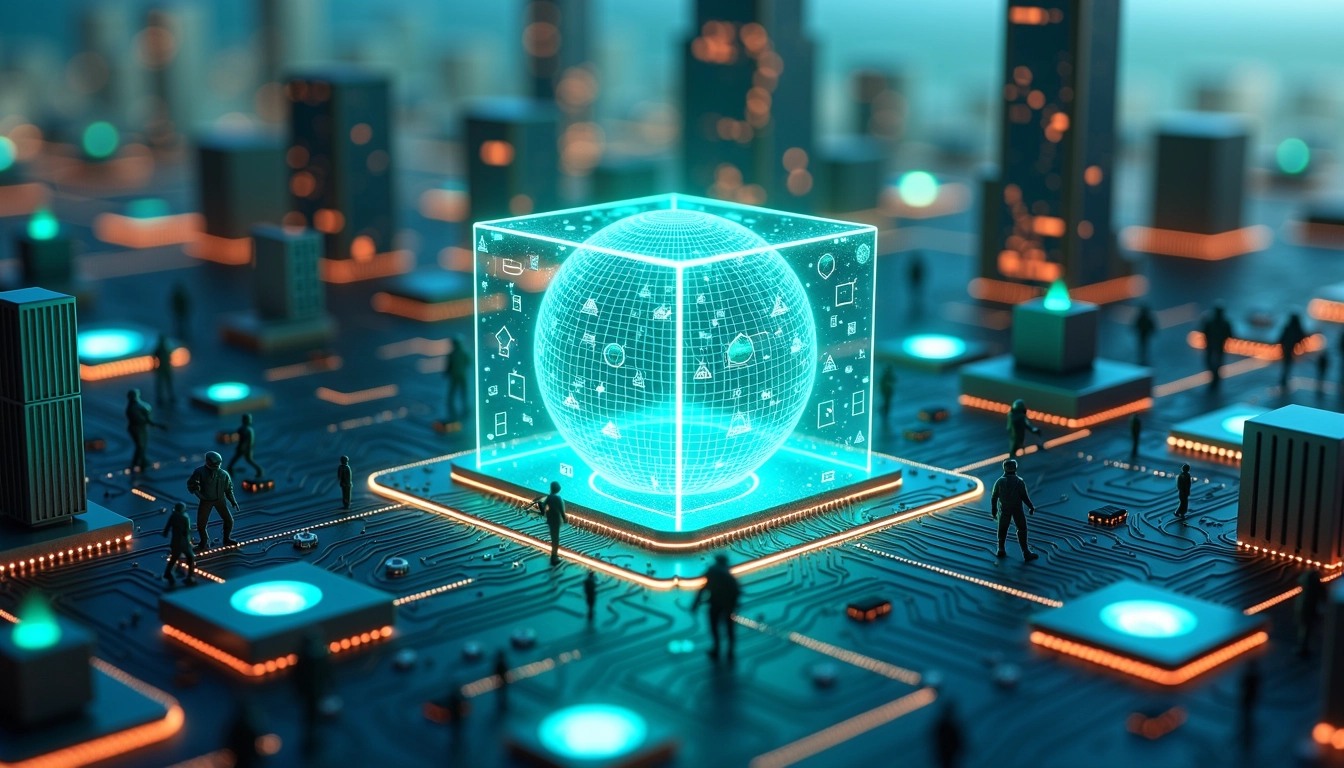 **Create a futuristic cityscape on a digital circuit board.**
- **Central Element:** Replace the glowing sphere with a holographic cube, projecting various data visualizations.
- **Surrounding Features:** Keep the circuit patterns but change the stacks of circular components to varied geometric shapes (like cubes and prisms).
- **Figures and Vehicles:** Add a mix of humanoid figures engaged in various activities (like data analysis) and futuristic hover vehicles instead of trucks.
- **Buildings:** Design modern skyscrapers with unique architectural styles in the background, avoiding any brand references or logos.
- **Color Scheme:** Utilize a palette of cool neon blues and greens with contrasting warm accents to evoke a vibrant tech environment.