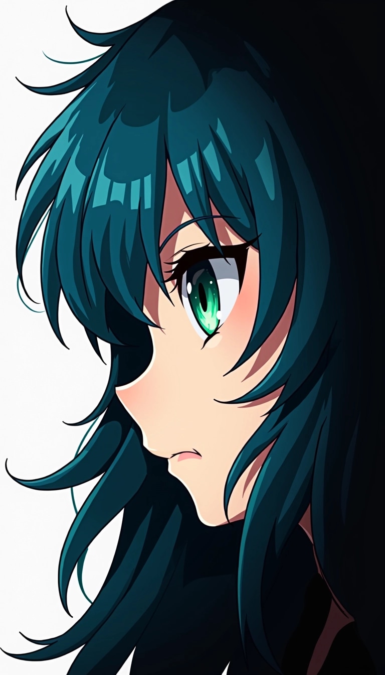 Create a graphic design featuring a character's intense gaze, similar to a half-profile view. Change the character’s hair to a vibrant blue with softer, wavier strands. Alter the eye color to a bright green, maintaining a piercing expression. Use a minimalist black and white background, incorporating softer curves instead of sharp angles to create a more fluid look. Remove any brand references or logos.