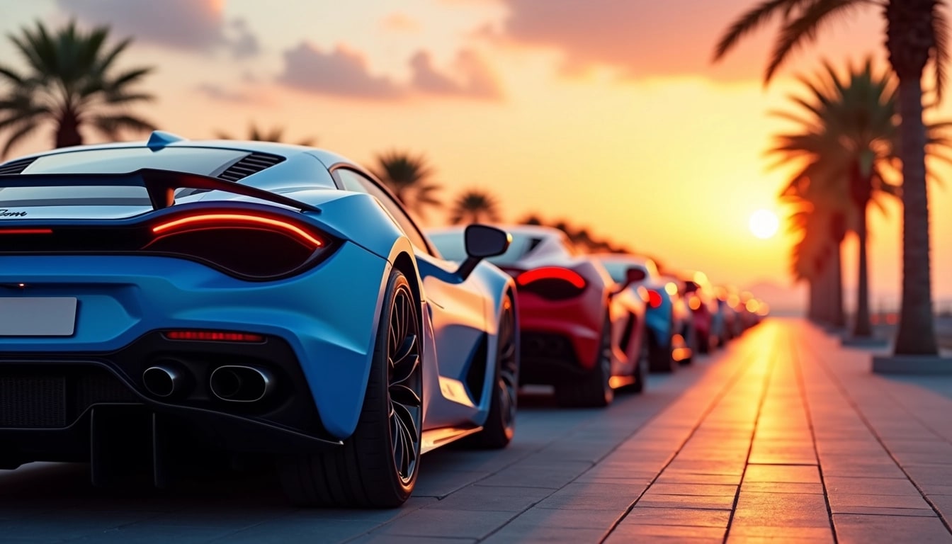 Design a scene featuring a row of sleek sports cars lined up along a waterfront promenade during sunset. Modify the design by changing the car colors to vibrant blues and reds, and alter the tail light shape to a more angular, geometric style. Remove any logos or brand identifiers from the cars. Ensure the sunset casts warm reflections on the cars and the pavement, enhancing the overall vibrant atmosphere. Include palm trees in the background for a tropical feel.