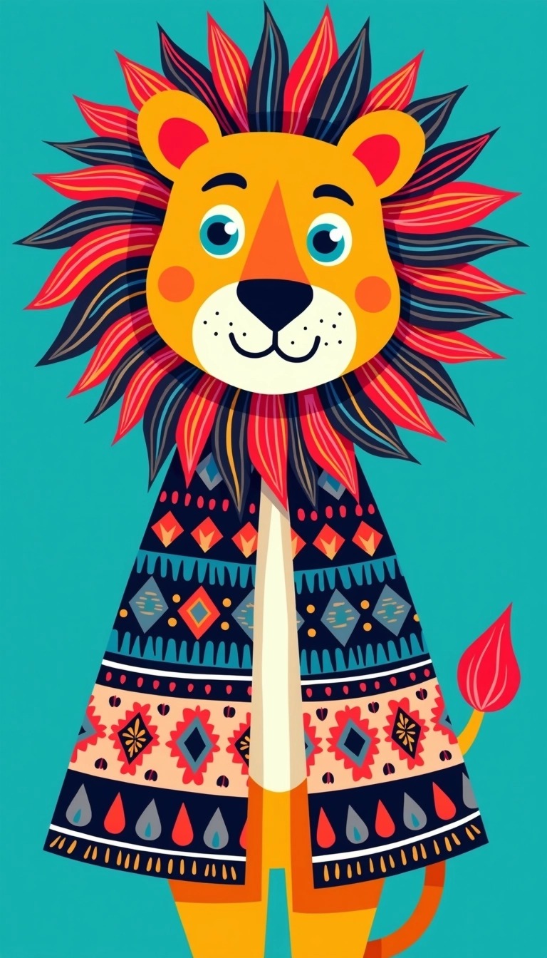 Create an illustration of a stylized lion wearing a vibrant, intricately patterned cloak with various geometric designs. The lion should have bright blue eyes and a colorful mane that complements the cloak. The background should be a bold, solid color, like electric blue, to make the features pop. The overall style should be playful and artistic.