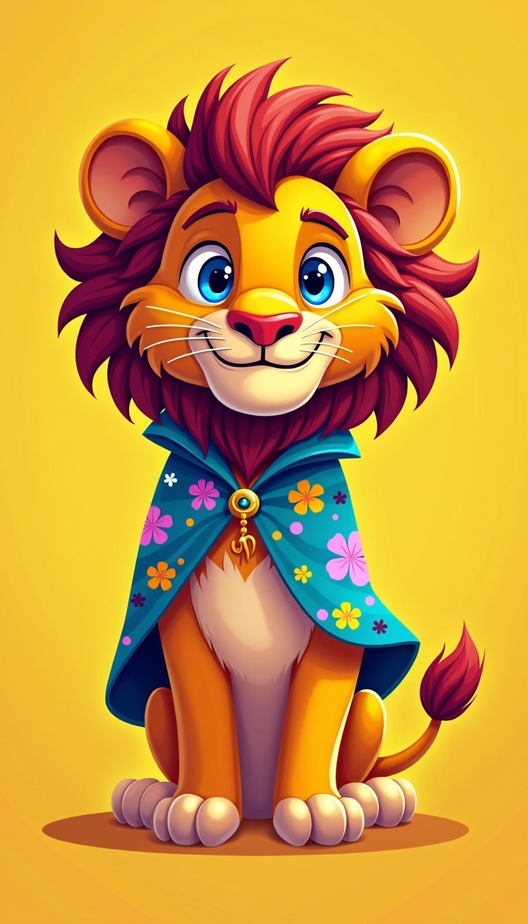 Create an illustration of a lion wearing a vibrant patterned cloak, with bright blue eyes and a playful expression. The background should be a solid neon yellow. Remove any brand logos or specific references, focusing on the lively colors and the character's majestic features.