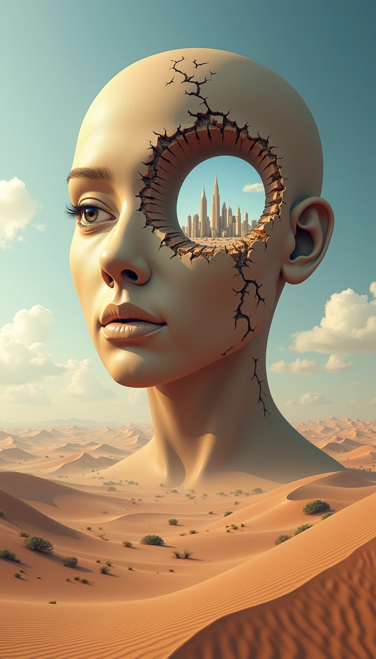 Create an image featuring a surreal landscape where a giant, fragmented face emerges from a desolate desert. The face should have one large eye gazing outward, while the other half is crumbled, revealing a small, dreamlike city through a circular opening. Surround the scene with soft, flowing sand dunes and a serene sky with gentle clouds. Remove any recognizable brands or logos from the design.