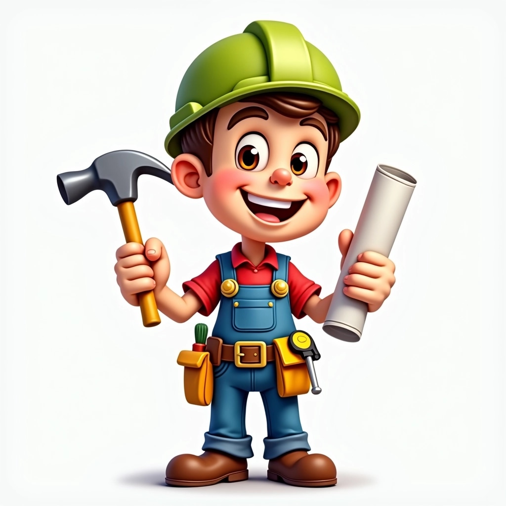 Create a cartoon character design featuring a cheerful construction worker. Change the character's hat to a bright green color and replace the red shirt with a blue one. Instead of blue overalls, use yellow overalls. Make the character hold a hammer in one hand and a rolled-up blueprint in the other. Modify the tool belt to include a measuring tape and a screwdriver, and ensure the character has a big smile and is giving a thumbs-up. Remove any brand logos or specific labels from the design.