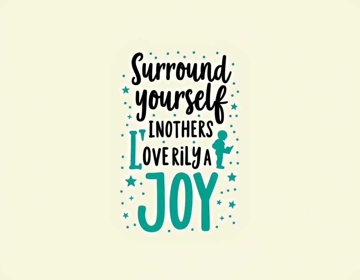 **Design Breakdown of the Image:**
1. **Text Layout:**
- Use bold, playful font for the main message.
- Change "Be with someone that makes you happy" to "Surround yourself with what brings you joy."
- Retain the crossed-out style for certain words to emphasize the change.
2. **Color Scheme:**
- Keep a monochrome palette for the silhouette but use a different color (e.g., teal) for the text to create contrast.
- Background remains neutral, like a light cream or beige.
3. **Graphic Element:**
- Instead of a child figure, use a silhouette of a person holding a book or a flower, symbolizing joy or personal growth.
- Maintain a similar stance to convey a feeling of empowerment.
4. **Overall Composition:**
- Center the text more harmoniously with the graphic element.
- Ensure the silhouette is slightly larger to create a more dynamic visual impact.
5. **Additional Elements:**
- Consider adding small stars or hearts around the silhouette to enhance the theme of joy.
This design retains the original's spirit while introducing new elements and removing brand references.